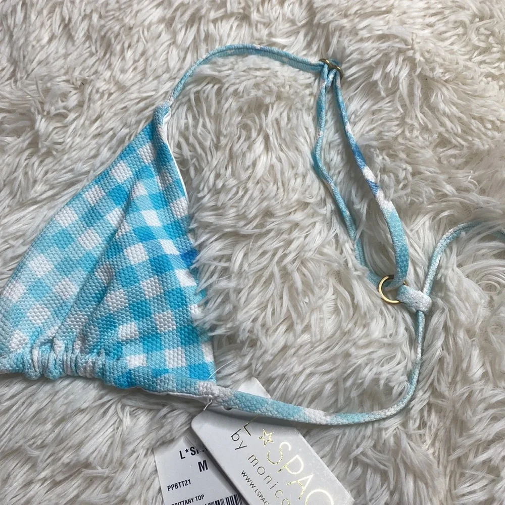 L Space by Monica Wise Blue White Checkered Bikini Swim Top Size Medium